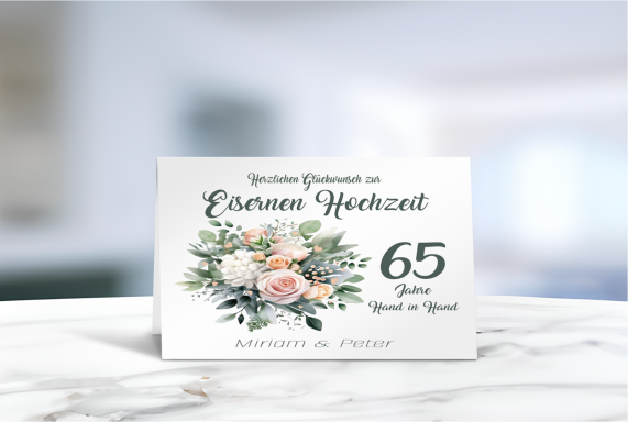 Personalisierte Grußkarte zur Eisernen Hochzeit (65 Jahre Ehe) mit floralen Motiven.