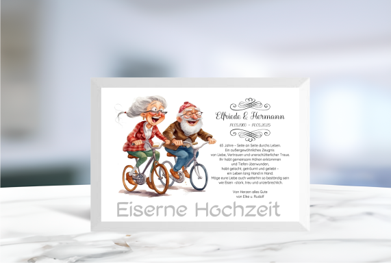 Geldgeschenk zur Eisernen Hochzeit mit ausgeschnittenem Schriftzug im Rahmen, ideal zum Befüllen mit Geldscheinen.