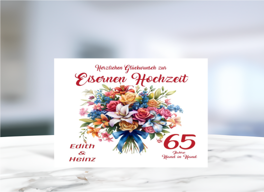Personalisierte Grußkarte zur Eisernen Hochzeit (65 Jahre Ehe) mit floralen Motiven.