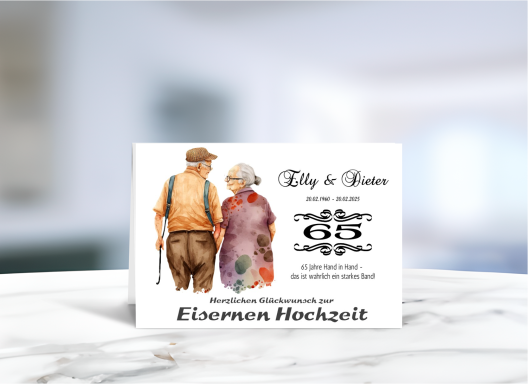 Personalisierte Grußkarte zur Eisernen Hochzeit (65 Jahre Ehe) mit fröhlichem Paar-Motiv