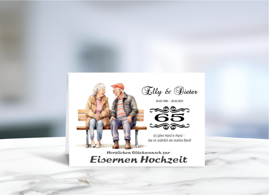 Personalisierte Grußkarte zur Eisernen Hochzeit (65 Jahre Ehe) mit fröhlichem Paar-Motiv