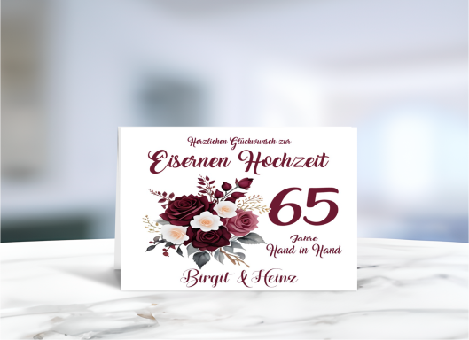 Personalisierte Grußkarte zur Eisernen Hochzeit (65 Jahre Ehe) mit floralen Motiven.