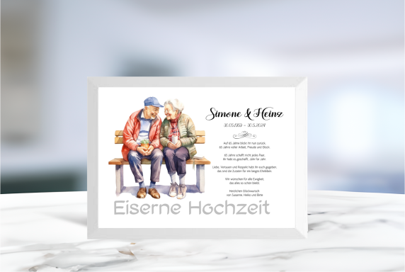 Geldgeschenk zur Eisernen Hochzeit mit ausgeschnittenem Schriftzug im Rahmen, ideal zum Befüllen mit Geldscheinen.