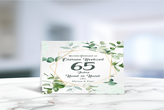 Personalisierte Grußkarte zur Eisernen Hochzeit (65 Jahre Ehe) mit floralen Motiven.
