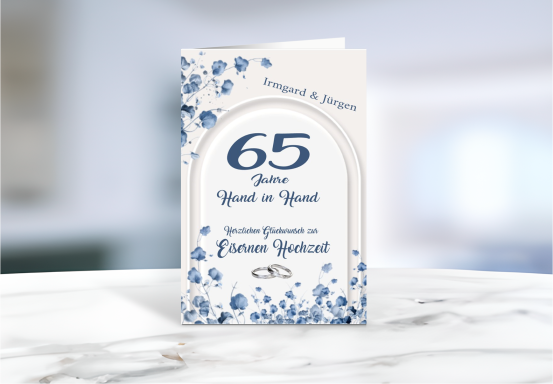 Personalisierte Grußkarte zur Eisernen Hochzeit (65 Jahre Ehe) mit floralen Motiven.