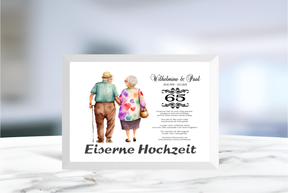 Geldgeschenk zur Eisernen Hochzeit mit ausgeschnittenem Schriftzug im Rahmen, ideal zum Befüllen mit Geldscheinen.