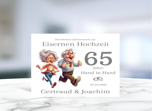 Personalisierte Grußkarte zur Eisernen Hochzeit (65 Jahre Ehe) mit fröhlichem Paar-Motiv