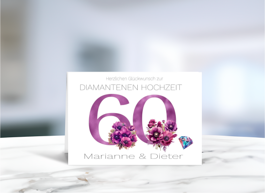 Grußkarte zur Diamantenen Hochzeit, liebevoll gestaltet zum 60. Hochzeitstag.