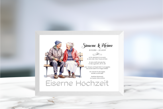 Geldgeschenk zur Eisernen Hochzeit mit ausgeschnittenem Schriftzug im Rahmen, ideal zum Befüllen mit Geldscheinen.