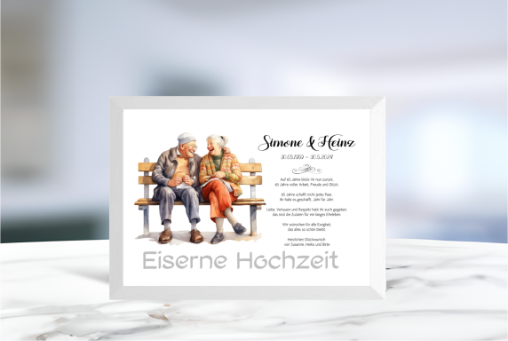 Geldgeschenk zur Eisernen Hochzeit mit ausgeschnittenem Schriftzug im Rahmen, ideal zum Befüllen mit Geldscheinen.