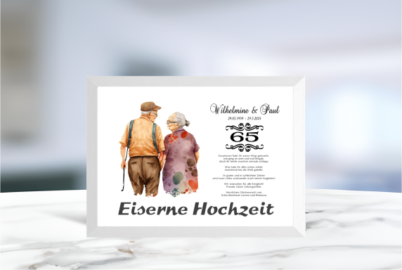 Geldgeschenk zur Eisernen Hochzeit mit ausgeschnittenem Schriftzug im Rahmen, ideal zum Befüllen mit Geldscheinen.