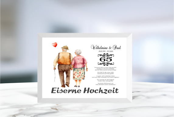 Geldgeschenk zur Eisernen Hochzeit mit ausgeschnittenem Schriftzug im Rahmen, ideal zum Befüllen mit Geldscheinen.