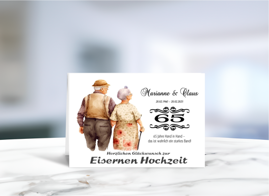 Personalisierte Grußkarte zur Eisernen Hochzeit (65 Jahre Ehe) mit fröhlichem Paar-Motiv