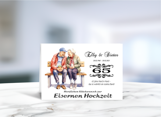 Personalisierte Grußkarte zur Eisernen Hochzeit (65 Jahre Ehe) mit fröhlichem Paar-Motiv