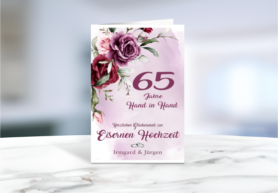 Personalisierte Grußkarte zur Eisernen Hochzeit (65 Jahre Ehe) mit floralen Motiven.