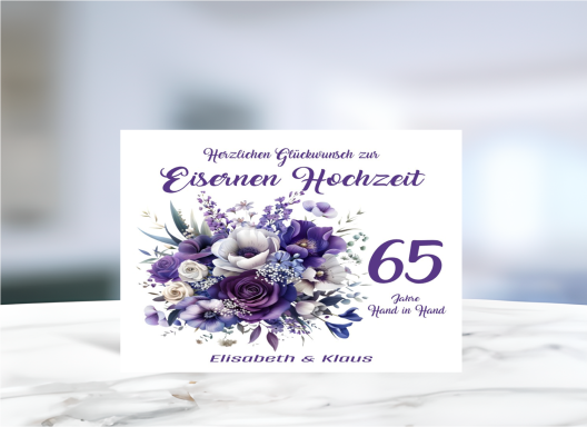 Personalisierte Grußkarte zur Eisernen Hochzeit (65 Jahre Ehe) mit floralen Motiven.