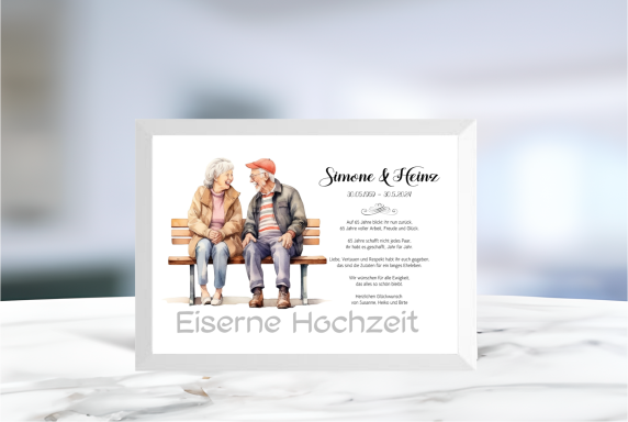 Geldgeschenk zur Eisernen Hochzeit mit ausgeschnittenem Schriftzug im Rahmen, ideal zum Befüllen mit Geldscheinen.