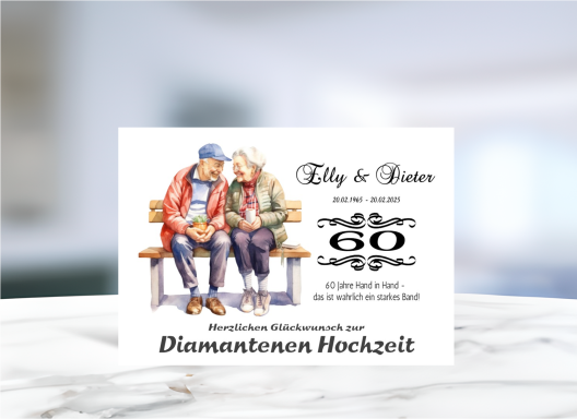 Grußkarte zur Diamantenen Hochzeit, liebevoll gestaltet zum 60. Hochzeitstag.