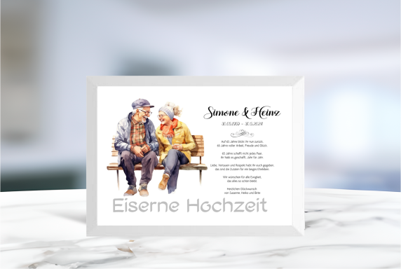 Geldgeschenk zur Eisernen Hochzeit mit ausgeschnittenem Schriftzug im Rahmen, ideal zum Befüllen mit Geldscheinen.