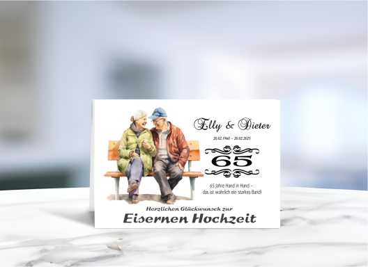 Personalisierte Grußkarte zur Eisernen Hochzeit (65 Jahre Ehe) mit fröhlichem Paar-Motiv