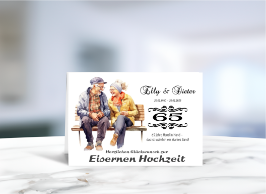 Personalisierte Grußkarte zur Eisernen Hochzeit (65 Jahre Ehe) mit fröhlichem Paar-Motiv