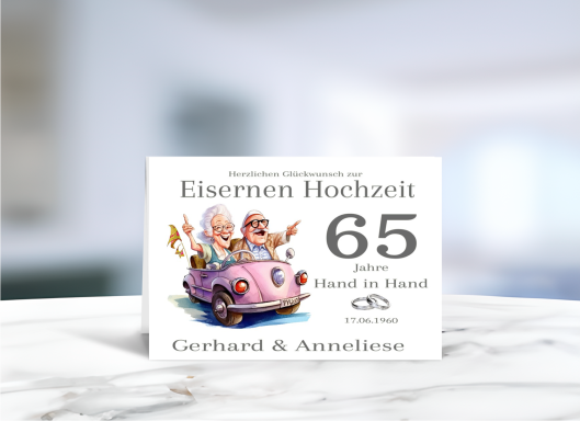 Personalisierte Grußkarte zur Eisernen Hochzeit (65 Jahre Ehe) mit fröhlichem Paar-Motiv