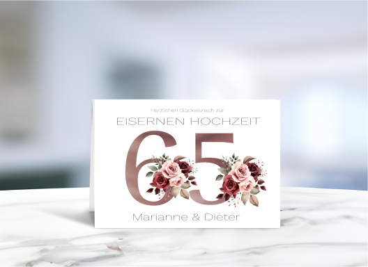 Personalisierte Grußkarte zur Eisernen Hochzeit (65 Jahre Ehe) mit floralen Motiven.