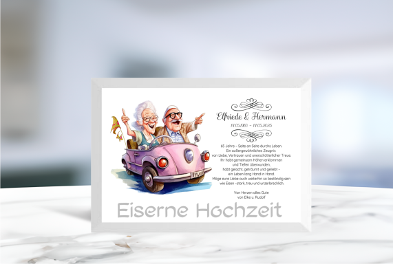 Geldgeschenk zur Eisernen Hochzeit mit ausgeschnittenem Schriftzug im Rahmen, ideal zum Befüllen mit Geldscheinen.