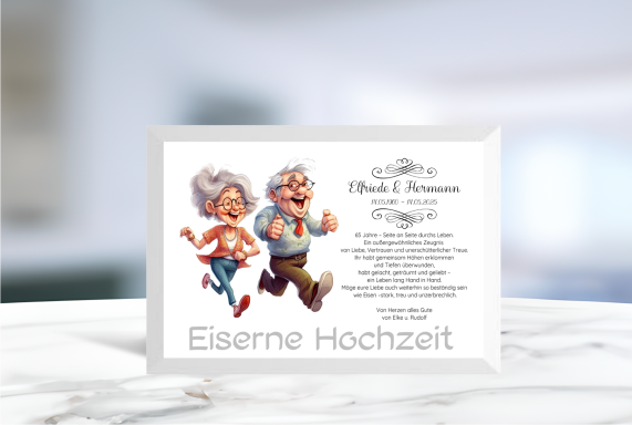 Geldgeschenk zur Eisernen Hochzeit mit ausgeschnittenem Schriftzug im Rahmen, ideal zum Befüllen mit Geldscheinen.
