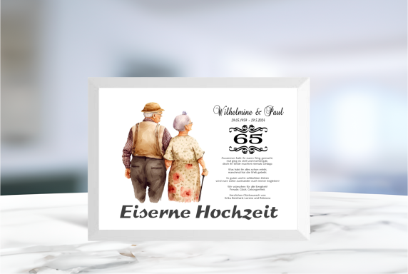 Geldgeschenk zur Eisernen Hochzeit mit ausgeschnittenem Schriftzug im Rahmen, ideal zum Befüllen mit Geldscheinen.