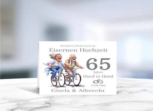 Personalisierte Grußkarte zur Eisernen Hochzeit (65 Jahre Ehe) mit fröhlichem Paar-Motiv