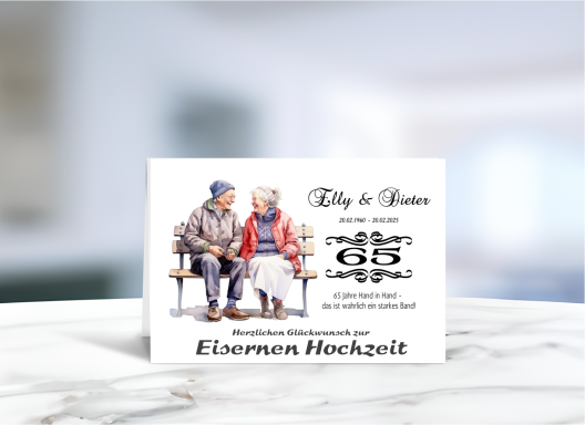 Personalisierte Grußkarte zur Eisernen Hochzeit (65 Jahre Ehe) mit fröhlichem Paar-Motiv