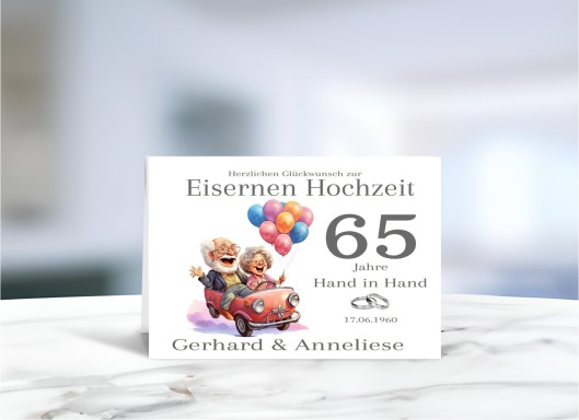 Personalisierte Grußkarte zur Eisernen Hochzeit (65 Jahre Ehe) mit fröhlichem Paar-Motiv
