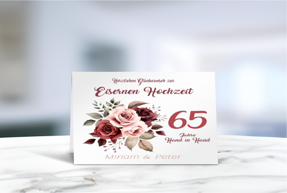 Personalisierte Grußkarte zur Eisernen Hochzeit (65 Jahre Ehe) mit floralen Motiven.