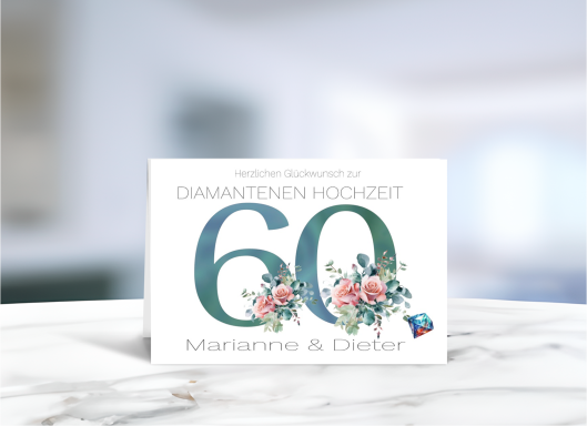 Grußkarte zur Diamantenen Hochzeit, liebevoll gestaltet zum 60. Hochzeitstag.