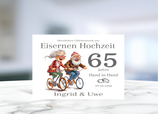 Personalisierte Grußkarte zur Eisernen Hochzeit (65 Jahre Ehe) mit fröhlichem Paar-Motiv